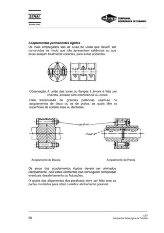 Espírito Santo
_________________________________________________________________________________________________
_________________________________________________________________________________________________
CST
68 Companhia Siderúrgica de Tubarão
Acoplamentos permanentes rígidos
Os mais empregados são as luvas de união que devem ser
construídas de modo que não apresentem saliências ou que
estas estejam totalmente cobertas, para evitar acidentes.
Observação: A união das luvas ou flanges à árvore é feita por
chaveta, encaixe com interferência ou cones.
Para transmissão de grandes potências usam-se os
acoplamentos de disco ou os de pratos, os quais têm as
superfícies de contato lisas ou dentadas.
Acoplamento de Discos Acoplamento de Pratos
Os eixos dos acoplamentos rígidos devem ser alinhados
precisamente, pois estes elementos não conseguem compensar
eventuais desalinhamento ou flutuações.
O ajuste dos alojamentos dos parafusos deve ser feito com as
partes montadas para obter o melhor alinhamento possível.
 