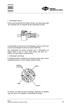 Espírito Santo
_________________________________________________________________________________________________
_________________________________________________________________________________________________
SENAI
Departamento Regional do ESpírito Samto 75
• Embreagem cônica
Possui duas superfícies de fricção cônicas, uma das quais pode
ser revestida com um material de alto coeficiente de atrito.
A capacidade de torque de uma embreagem cônica é maior que
a de uma embreagem de disco de mesmo diâmetro.
Sua capacidade de torque aumenta com o decréscimo do
ângulo entre o cone e o eixo. Esse ângulo não deve ser
inferior a 8º para evitar o emperramento.
• Embreagem centrífuga
É utilizada quando o engate de uma árvore motora deve ocorrer
progressivamente e a uma rotação predeterminada.
Os pesos, por ação da força centrífuga, empurram as sapatas
que, por sua vez, completam a transmissão do torque.
 