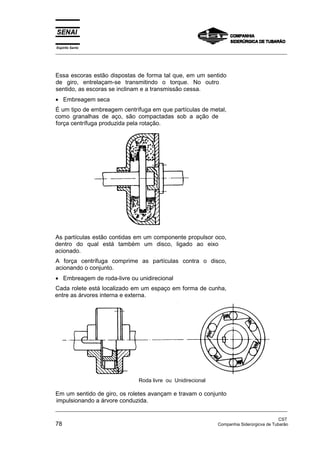 Espírito Santo
_________________________________________________________________________________________________
_________________________________________________________________________________________________
CST
78 Companhia Siderúrgicva de Tubarão
Essa escoras estão dispostas de forma tal que, em um sentido
de giro, entrelaçam-se transmitindo o torque. No outro
sentido, as escoras se inclinam e a transmissão cessa.
• Embreagem seca
É um tipo de embreagem centrífuga em que partículas de metal,
como granalhas de aço, são compactadas sob a ação de
força centrífuga produzida pela rotação.
As partículas estão contidas em um componente propulsor oco,
dentro do qual está também um disco, ligado ao eixo
acionado.
A força centrífuga comprime as partículas contra o disco,
acionando o conjunto.
• Embreagem de roda-livre ou unidirecional
Cada rolete está localizado em um espaço em forma de cunha,
entre as árvores interna e externa.
Roda livre ou Unidirecional
Em um sentido de giro, os roletes avançam e travam o conjunto
impulsionando a árvore conduzida.
 