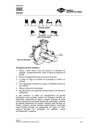 Espírito Santo
_________________________________________________________________________________________________
_________________________________________________________________________________________________
SENAI
Departamento Regional do Espírito Santo 91
Vantagens do selo mecânico
1. Reduz o atrito entre o eixo da bomba e o elemento de
vedação; consequentemente, reduz a perda de potência da
bomba.
2. Elimina o desgaste prematuro do eixo e da bucha.
3. a vazão ou fuga do produto em operação é mínima ou
invisível.
4. Tem capacidade de absorver o jogo e a deflexão normais do
eixo rotativo.
5. Reduz o tempo de manutenção.
6. Permite operar com segurança fluídos tóxicos, corrosivos ou
inflamáveis.
O selo mecânico é usado em equipamentos de grande
importância como aqueles usados em refinarias (bombas de
transporte), tratamento de água e esgoto (bombas de lama
bruta), indústria da construção (bomba de submersão), indústria
de bebidas (fabricação de cerveja), indústria têxtil (bombas de
tintura), indústria química (bombas padronizadas), construção
naval (bomba principal de refrigeração por água do mar),
energia (bombas de climatação de caldeira), usinas
termoelétricas e nucleares.
 
