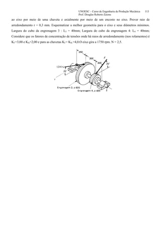 UNOESC – Curso de Engenharia de Produção Mecânica 113
Prof. Douglas Roberto Zaions
ao eixo por meio de uma chaveta e axialmente por meio de um encosto no eixo. Prever raio de
arredondamento r = 0,3 mm. Esquematizar a melhor geometria para o eixo e seus diâmetros mínimos.
Largura do cubo da engrenagem 3 : L3 = 40mm; Largura do cubo da engrenagem 4: L4 = 40mm;
Considere que os fatores de concentração de tensões onde há raios de arredondamento (nos rolamentos) é
Kf =3,00 e Kfs=2,00 e para as chavetas Kf = Kfs =4,0.O eixo gira a 1750 rpm. N = 2,5.
 