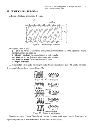 UNOESC – Curso de Engenharia de Produção Mecânica 117
Prof. Douglas Roberto Zaions
5.3 TERMINOLOGIA DE ROSCAS
A Figura 5.5 indica a terminologia de roscas.
α
p
dd2
Figura 5.5 - Terminologia de Roscas
Da Figura 5.5 tem-se que:
p – passo da rosca: É a distância entre pontos correspondentes de filete adjacentes, medida
paralelamente ao eixo da rosca;
d – diâmetro nominal: É o maior diâmetro da parte roscada;
d1 – diâmetro de raiz: É o menor diâmetro da parte roscada;
d2 – diâmetro efetivo: É o diâmetro médio da rosca;
α - ângulo de flancos;
As roscas podem ser divididas em dois grupos: (i) Roscas Triangulares(Figura 5.6): Usadas em uniões
de peças; e (ii) Roscas de movimento(Figura 5.7);
Figura 5.6 - Rosca Triangular
Figura 5.7 - Roscas de Movimento
No primeiro grupo (Roscas Triangulares), objetivo de nosso estudo neste capítulo destacam-se os
seguintes tipos de roscas: Rosca Whitworth, Rosca Sellers, Rosca Métrica.
 
