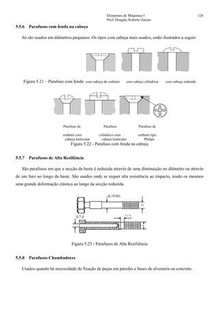 Elementos de Máquinas I 126
Prof. Douglas Roberto Zaions
5.5.6 Parafusos com fenda na cabeça
Só são usados em diâmetros pequenos. Os tipos com cabeça mais usados, estão ilustrados a seguir:
Figura 5.21 – Parafuso com fenda: com cabeça de embutir com cabeça cilíndrica com cabeça redonda
Parafuso de Parafuso Parafuso de
embutir com cilíndrico com embutir tipo
cabeça lenticular cabeça lenticular Philips
Figura 5.22 - Parafuso com fenda na cabeça
5.5.7 Parafusos de Alta Resiliência
São parafusos em que a secção da haste é reduzida através de uma diminuição no diâmetro ou através
de um furo ao longo da haste. São usados onde se requer alta resistência ao impacto, tendo os mesmos
uma grande deformação elástica ao longo da secção reduzida
0,7 d
dh=0,8d1
Figura 5.23 - Parafusos de Alta Resiliência
5.5.8 Parafusos Chumbadores
Usados quando há necessidade de fixação de peças em paredes e bases de alvenaria ou concreto.
 