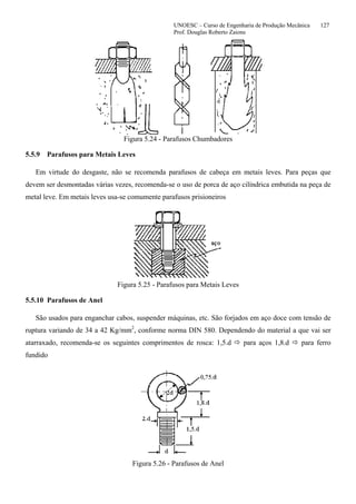 UNOESC – Curso de Engenharia de Produção Mecânica 127
Prof. Douglas Roberto Zaions
Figura 5.24 - Parafusos Chumbadores
5.5.9 Parafusos para Metais Leves
Em virtude do desgaste, não se recomenda parafusos de cabeça em metais leves. Para peças que
devem ser desmontadas várias vezes, recomenda-se o uso de porca de aço cilíndrica embutida na peça de
metal leve. Em metais leves usa-se comumente parafusos prisioneiros
Figura 5.25 - Parafusos para Metais Leves
5.5.10 Parafusos de Anel
São usados para enganchar cabos, suspender máquinas, etc. São forjados em aço doce com tensão de
ruptura variando de 34 a 42 Kg/mm2
, conforme norma DIN 580. Dependendo do material a que vai ser
atarraxado, recomenda-se os seguintes comprimentos de rosca: 1,5.d para aços 1,8.d para ferro
fundido
Figura 5.26 - Parafusos de Anel
 