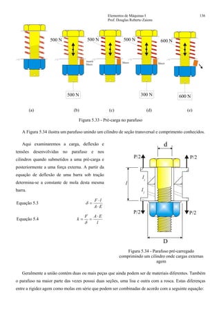 Elementos de Máquinas I 136
Prof. Douglas Roberto Zaions
500 N 300 N 600 N
500 N 500 N 600 N500 N
inserir
bloco
bloco bloco
(a) (b) (c) (d) (e)
Figura 5.33 - Pré-carga no parafuso
A Figura 5.34 ilustra um parafuso unindo um cilindro de seção transversal e comprimento conhecidos.
Aqui examinaremos a carga, deflexão e
tensões desenvolvidas no parafuso e nos
cilindros quando submetidos a uma pré-carga e
posteriormente a uma força externa. A partir da
equação de deflexão de uma barra sob tração
determina-se a constante de mola desta mesma
barra.
Equação 5.3
EA
lF
⋅
⋅
=δ
Equação 5.4
l
EAF
k
⋅
==
δ
P/2
P/2P/2
l
l1
l2
P/2
D
d
Figura 5.34 - Parafuso pré-carregado
comprimindo um cilindro onde cargas externas
agem
Geralmente a união contém duas ou mais peças que ainda podem ser de materiais diferentes. Também
o parafuso na maior parte das vezes possui duas seções, uma lisa e outra com a rosca. Estas diferenças
entre a rigidez agem como molas em série que podem ser combinadas de acordo com a seguinte equação:
 