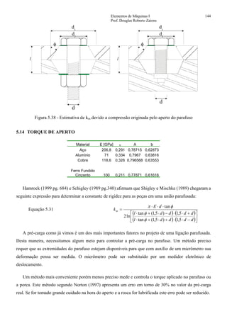 Elementos de Máquinas I 144
Prof. Douglas Roberto Zaions
l l
d
d
d3
d3
d2
d2
φ φ
Figura 5.38 - Estimativa de km devido a compressão originada pelo aperto do parafuso
5.14 TORQUE DE APERTO
Material E [GPa] ν A b
Aço 206,8 0,291 0,78715 0,62873
Alumínio 71 0,334 0,7967 0,63816
Cobre 118,6 0,326 0,796568 0,63553
Ferro Fundido
Cinzento 100 0,211 0,77871 0,61616
Hamrock (1999 pg. 684) e Schigley (1989 pg.340) afirmam que Shigley e Mischke (1989) chegaram a
seguinte expressão para determinar a constante de rigidez para as peças em uma união parafusada:
Equação 5.31
( ) ( )
( ) ( )⎥
⎦
⎤
⎢
⎣
⎡
−⋅⋅+⋅+⋅
+⋅⋅−⋅+⋅
⋅⋅⋅
=
ddddl
ddddl
dE
km
5,1)5,1(tan
5,1)5,1(tan
ln2
tan
φ
φ
φπ
A pré-carga como já vimos é um dos mais importantes fatores no projeto de uma ligação parafusada.
Desta maneira, necessitamos algum meio para controlar a pré-carga no parafuso. Um método preciso
requer que as extremidades do parafuso estejam disponíveis para que com auxílio de um micrômetro sua
deformação possa ser medida. O micrômetro pode ser substituído por um medidor eletrônico de
deslocamento.
Um método mais conveniente porém menos preciso mede e controla o torque aplicado no parafuso ou
a porca. Este método segundo Norton (1997) apresenta um erro em torno de 30% no valor da pré-carga
real. Se for tomado grande cuidado na hora do aperto e a rosca for lubrificada este erro pode ser reduzido.
 