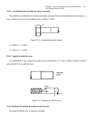 UNOESC – Curso de Engenharia de Produção Mecânica 151
Prof. Douglas Roberto Zaions
5.16.2 Arredondamento da união da cabeça com haste
Para melhorar a distribuição da tensão neste ponto, devemos fazer um arredondamento neste ponto, ou
seja, usaremos um raio de concordância entre a cabeça e a haste.
Figura 5.52 - Arredondamento das bordas
d < 20mm r = 0,08.d
d > 20mm r = 0,10.d
5.16.3 Angulo de saída da rosca
A recomendação é que o ângulo de saída da rosca seja inferior a 15o
, mas a melhor solução é usarmos
uma gola de 0,5.d na saída da rosca.
Figura 5.53 - Ângulo de saída da rosca
5.16.4 Redução das pontas de tensão na raiz da rosca
Isto pode ser obtido com as seguintes medidas:
 