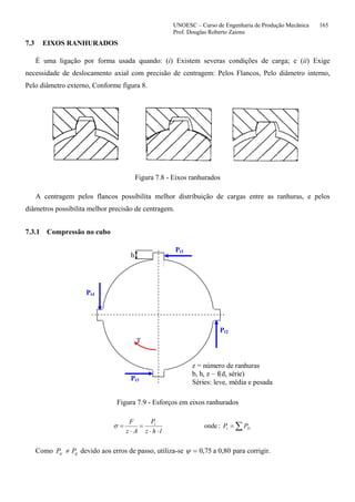 UNOESC – Curso de Engenharia de Produção Mecânica 165
Prof. Douglas Roberto Zaions
7.3 EIXOS RANHURADOS
É uma ligação por forma usada quando: (i) Existem severas condições de carga; e (ii) Exige
necessidade de deslocamento axial com precisão de centragem: Pelos Flancos, Pelo diâmetro interno,
Pelo diâmetro externo, Conforme figura 8.
Figura 7.8 - Eixos ranhurados
A centragem pelos flancos possibilita melhor distribuição de cargas entre as ranhuras, e pelos
diâmetros possibilita melhor precisão de centragem.
7.3.1 Compressão no cubo
h
Pt1
T
Pt2
Pt3
Pt4
z = número de ranhuras
b, h, z – f(d, série)
Séries: leve, média e pesada
Figura 7.9 - Esforços em eixos ranhurados
∑=
⋅⋅
=
⋅
= Tit
t
PP
lhz
P
Az
F
:ondeσ
Como tjtc PP ≠ devido aos erros de passo, utiliza-se ψ = 0 75, a 0,80 para corrigir.
 