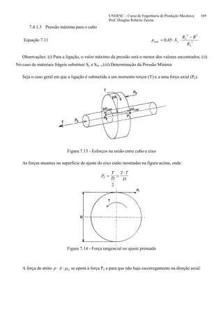 UNOESC – Curso de Engenharia de Produção Mecânica 169
Prof. Douglas Roberto Zaions
7.4.1.3 Pressão máxima para o cubo
Equação 7.11 2
2
22
2
45,0
R
RR
Sp ymáx
−
⋅⋅=
Observações: (i) Para a ligação, o valor máximo da pressão será o menor dos valores encontrados; (ii)
No caso de materiais frágeis substituir Sy e Sut e (iii) Determinação da Pressão Mínima
Seja o caso geral em que a ligação é submetida a um momento torçor (T) e a uma força axial (Pa).
Figura 7.13 - Esforços na união entre cubo e eixo
As forças atuantes na superfície de ajuste do eixo estão mostradas na figura acima, onde:
P
T
D
T
DT = =
⋅
2
2
Figura 7.14 - Força tangencial no ajuste prensado
A força de atrito p A el⋅ ⋅ µ se oporá à força Pa e para que não haja escorregamento na direção axial:
 