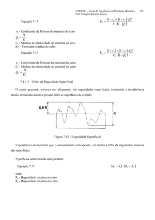 UNOESC – Curso de Engenharia de Produção Mecânica 171
Prof. Douglas Roberto Zaions
Equação 7.15
( ) ( )
( )1
11
2
11
2
111
1
QE
Q
K
−⋅
⋅++−
=
νν
ν1 - Coeficiente de Poisson do material do eixo
Q
D
D1
1
=
E1 - Módulo de elasticidade do material do eixo
K2 - Constante elástica do cubo
Equação 7.16
( ) ( )
( )2
22
2
222
2
1
11
QE
Q
K
−⋅
⋅−++
=
νν
ν2 - Coeficiente de Poisson do material do cubo
E2 - Módulo de elasticidade do material do cubo
Q
D
D2
2
=
7.4.1.5 Efeito da Rugosidade Superficial
O ajuste prensado provoca um alisamento das rugosidades superficiais, reduzindo a interferência
média, reduzindo assim a pressão entre as superfícies de contato
Figura 7.15 - Rugosidade Superficial
Experiências demonstram que o amassamento corresponde, em média a 60% da rugosidade máxima
das superfícies.
A perda na sobremedida será portanto:
Equação 7.17 ( )2,1 cer RRd +⋅=∆
onde:
Re - Rugosidade máxima no eixo
Rc - Rugosidade máxima no cubo
 