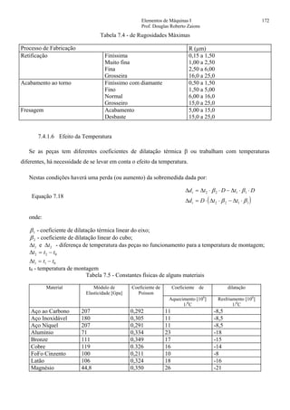 Elementos de Máquinas I 172
Prof. Douglas Roberto Zaions
Tabela 7.4 - de Rugosidades Máximas
Processo de Fabricação R (µm)
Retificação Finíssima
Muito fina
Fina
Grosseira
0,15 a 1,50
1,00 a 2,50
2,50 a 6,00
16,0 a 25,0
Acabamento ao torno Finíssimo com diamante
Fino
Normal
Grosseiro
0,50 a 1,50
1,50 a 5,00
6,00 a 16,0
15,0 a 25,0
Fresagem Acabamento
Desbaste
5,00 a 15,0
15,0 a 25,0
7.4.1.6 Efeito da Temperatura
Se as peças tem diferentes coeficientes de dilatação térmica β ou trabalham com temperaturas
diferentes, há necessidade de se levar em conta o efeito da temperatura.
Nestas condições haverá uma perda (ou aumento) da sobremedida dada por:
Equação 7.18
( )
∆ ∆ ∆
∆ ∆ ∆
d t D t D
d D t t
t
t
= ⋅ ⋅ − ⋅ ⋅
= ⋅ ⋅ − ⋅
2 2 1 1
2 2 1 1
β β
β β
onde:
β1 - coeficiente de dilatação térmica linear do eixo;
β2 - coeficiente de dilatação linear do cubo;
∆ ∆t t1 2e - diferença de temperatura das peças no funcionamento para a temperatura de montagem;
∆
∆
t t t
t t t
2 2 0
1 1 0
= −
= −
t0 - temperatura de montagem
Tabela 7.5 - Constantes físicas de alguns materiais
Material Módulo de
Elasticidade [Gpa]
Coeficiente de
Poisson
Coeficiente de dilatação
Aquecimento [106
]
1/0
C
Resfriamento [106
]
1/0
C
Aço ao Carbono 207 0,292 11 -8,5
Aço Inoxidável 180 0,305 11 -8,5
Aço Níquel 207 0,291 11 -8,5
Alumínio 71 0,334 23 -18
Bronze 111 0,349 17 -15
Cobre 119 0.326 16 -14
FoFo Cinzento 100 0,211 10 -8
Latão 106 0,324 18 -16
Magnésio 44,8 0,350 26 -21
 
