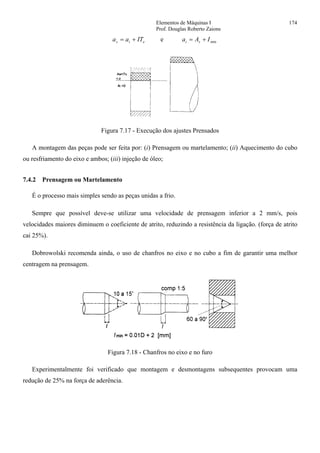 Elementos de Máquinas I 174
Prof. Douglas Roberto Zaions
eis ITaa += e minIAa si +=
Figura 7.17 - Execução dos ajustes Prensados
A montagem das peças pode ser feita por: (i) Prensagem ou martelamento; (ii) Aquecimento do cubo
ou resfriamento do eixo e ambos; (iii) injeção de óleo;
7.4.2 Prensagem ou Martelamento
É o processo mais simples sendo as peças unidas a frio.
Sempre que possível deve-se utilizar uma velocidade de prensagem inferior a 2 mm/s, pois
velocidades maiores diminuem o coeficiente de atrito, reduzindo a resistência da ligação. (força de atrito
cai 25%).
Dobrowolski recomenda ainda, o uso de chanfros no eixo e no cubo a fim de garantir uma melhor
centragem na prensagem.
Figura 7.18 - Chanfros no eixo e no furo
Experimentalmente foi verificado que montagem e desmontagens subsequentes provocam uma
redução de 25% na força de aderência.
 