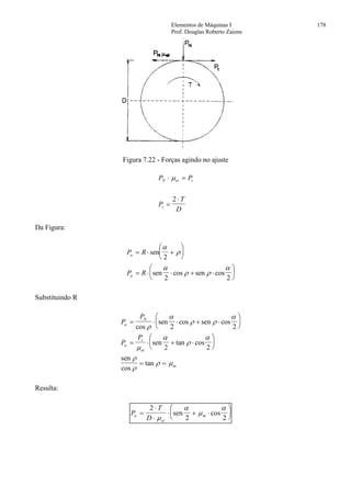 Elementos de Máquinas I 178
Prof. Douglas Roberto Zaions
Figura 7.22 - Forças agindo no ajuste
P P
P
T
D
N et t
t
⋅ =
=
⋅
µ
2
Da Figura:
P R
P R
a
a
= ⋅ +
⎛
⎝
⎜
⎞
⎠
⎟
= ⋅ ⋅ + ⋅
⎛
⎝
⎜
⎞
⎠
⎟
sen
sen cos sen cos
α
ρ
α
ρ ρ
α
2
2 2
Substituindo R
P
P
P
P
a
N
a
t
et
m
= ⋅ ⋅ + ⋅
⎛
⎝
⎜
⎞
⎠
⎟
= ⋅ + ⋅
⎛
⎝
⎜
⎞
⎠
⎟
= =
cos
sen cos sen cos
sen tan cos
sen
cos
tan
ρ
α
ρ ρ
α
µ
α
ρ
α
ρ
ρ
ρ µ
2 2
2 2
Resulta:
P
T
Da
et
m=
⋅
⋅
⋅ + ⋅
⎛
⎝
⎜
⎞
⎠
⎟
2
2 2µ
α
µ
α
sen cos
 
