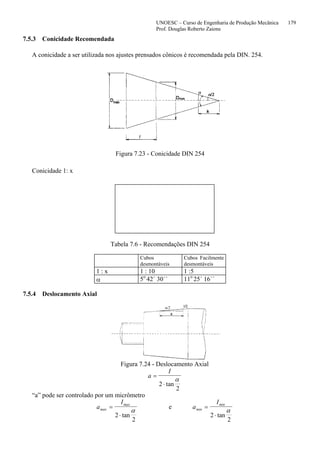 UNOESC – Curso de Engenharia de Produção Mecânica 179
Prof. Douglas Roberto Zaions
7.5.3 Conicidade Recomendada
A conicidade a ser utilizada nos ajustes prensados cônicos é recomendada pela DIN. 254.
Figura 7.23 - Conicidade DIN 254
Conicidade 1: x
Tabela 7.6 - Recomendações DIN 254
Cubos
desmontáveis
Cubos Facilmente
desmontáveis
1 : x 1 : 10 1 :5
α 5o
42´ 30´´ 11o
25´ 16´´
7.5.4 Deslocamento Axial
Figura 7.24 - Deslocamento Axial
a
I
=
⋅2
2
tan
α
“a” pode ser controlado por um micrômetro
a
I
a
I
max
max
min
min
=
⋅
=
⋅2
2
2
2
tan tan
α α
e
 