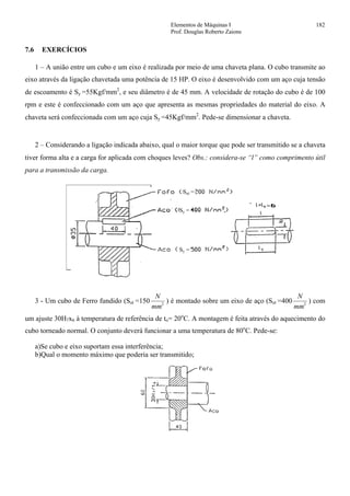 Elementos de Máquinas I 182
Prof. Douglas Roberto Zaions
7.6 EXERCÍCIOS
1 – A união entre um cubo e um eixo é realizada por meio de uma chaveta plana. O cubo transmite ao
eixo através da ligação chavetada uma potência de 15 HP. O eixo é desenvolvido com um aço cuja tensão
de escoamento é Sy =55Kgf/mm2
, e seu diâmetro é de 45 mm. A velocidade de rotação do cubo é de 100
rpm e este é confeccionado com um aço que apresenta as mesmas propriedades do material do eixo. A
chaveta será confeccionada com um aço cuja Sy =45Kgf/mm2
. Pede-se dimensionar a chaveta.
2 – Considerando a ligação indicada abaixo, qual o maior torque que pode ser transmitido se a chaveta
tiver forma alta e a carga for aplicada com choques leves? Obs.: considera-se “l” como comprimento útil
para a transmissão da carga.
Sy =
Sy =
Sut =
3 - Um cubo de Ferro fundido (Sut =150
N
mm2
) é montado sobre um eixo de aço (Sut =400
N
mm2
) com
um ajuste 30H7x6 à temperatura de referência de to= 20o
C. A montagem é feita através do aquecimento do
cubo torneado normal. O conjunto deverá funcionar a uma temperatura de 80o
C. Pede-se:
a)Se cubo e eixo suportam essa interferência;
b)Qual o momento máximo que poderia ser transmitido;
 