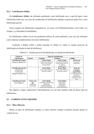 UNOESC – Curso de Engenharia de Produção Mecânica 189
Prof. Douglas Roberto Zaions
8.2.3 Lubrificantes Sólidos
Os Lubrificantes Sólidos são utilizados geralmente como lubrificação seca, a qual dá lugar a uma
lubrificação limite que, em casos de incorporação de lubrificantes líquidos ou pastosos pode levar a uma
lubrificação parcial.
Nesta categoria de lubrificantes enquadram-se: (i) Lacas; (ii) Politetrafluoretileno; (iii) Cobre; (iv)
Grafita; e (v) Bissulfeto de Molibdênio;
Os lubrificantes sólidos em pó são geralmente difíceis de serem aplicados e por isso são utilizados
como materiais complementares em outros lubrificantes.
Conforme a Klüber (1995) a tabela mostrada na Tabela 8.1 indica os estados possíveis da
lubrificação em função do tipo de lubrificante.
Tabela 8.1 - Estados possíveis da lubrificação em função do lubrificante
Estado de
Lubrificação
Tipos de Lubrificantes
Gasoso Líquido Pastoso Sólido
Lubrificação Limite
(desgaste admissível)
Atrito Limite
Com película lubrificante
fina e/ou movimento
microdeslizante
Atrito Limite
Com película lubrificante
extremamente fina e/ou
movimento
microdeslizante
Atrito seco
Sem película
lubrificante
Lubrificação parcial
(lubrificação
insuficiente)
(desgaste admissível)
Atrito Misto
A baixa velociadade e/ou
em partida e parada
Atrito Misto
A baixa velociadade e/ou
em partida e parada
Atrito de
Camadas
superficiais
Vida útil relativamente
limitada por
lubrificação de
transferência (atrito
seco)
Lubrificação Total
(sem desgaste)
Atrito com
gás
Lubrificação
aerodinâmica
Atrito fluido
Lubrificação hidrodinâmica
Lubrificação
elastohidrodinâmica
Lubrificação hidrostática
Atrito fluido
Lubrificação
hidrodinâmica
Lubrificação
elastohidrodinâmica
Nas páginas a seguir, analisaremos individualmente em com mais detalhes cada um destes tipos de
lubrificantes.
8.3 LUBRIFICANTES LÍQUIDOS
8.3.1 Óleos Minerais
Dentre os tipos de lubrificantes líquidos, os óleos minerais ocupam a primeira posição quanto ao
volume de uso.
 
