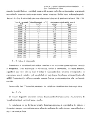 UNOESC – Curso de Engenharia de Produção Mecânica 197
Prof. Douglas Roberto Zaions
mancais. Segundo Bastos, a viscosidade surge devido a coesão molecular. A viscosidade é inversamente
proporcional a temperatura, assim sendo, quanto maior a temperatura do óleo menor será sua viscosidade.
Tabela 8.3 – Grau de viscosidade para óleos lubrificantes industriais de acordo com a Norma DIN 51519
Grau de Viscosidade
ISO
Viscosidade média a 40o
C
[mm2
/s]
Limites da viscosidade a 40o
C [mm2
/s]
mínimo máximo
IS0 VG 2 2,2 1,98 2,42
IS0 VG 3 3,2 2,88 3,52
IS0 VG 5 4,6 4,14 5,06
IS0 VG 7 6,8 6,12 7,48
IS0 VG 10 10 9,00 11,00
IS0 VG 15 15 13,5 16,5
IS0 VG 22 22 19,8 24,2
IS0 VG 32 32 28,8 35,2
IS0 VG 46 46 41,1 50,6
IS0 VG 68 68 61,2 74,8
IS0 VG 100 100 90,0 110
IS0 VG 150 150 135 165
IS0 VG 220 220 198 242
IS0 VG 320 320 288 352
IS0 VG 460 460 414 506
IS0 VG 680 680 612 748
IS0 VG 1000 1000 900 1100
IS0 VG 1500 1500 1350 1650
8.4.1.6 Índice de Viscosidade
Como vimos, os óleos lubrificantes sofrem alterações na sua viscosidade quando sujeitos a variações
de temperatura. Essas modificações de viscosidade, devidas à temperaturas, são muito diferentes,
dependendo dos vários tipos de óleos. O índice de viscosidade (IV) é um meio convencional de se
exprimir esse grau de variação e pode ser calculado por meio de uma fórmula e de tabelas publicadas pela
ASTM. Existem também gráficos preparados para esse fim, que permitem determinar o IV com bastante
exatidão
Quanto maior for o IV de um óleo, menor será sua variação de viscosidade entre duas temperaturas.
8.4.1.7 Cor
Os produtos de petróleo apresentam variação de cor quando observados contra a luz. Essa faixa de
variação atinge desde o preto até quase o incolor.
As variações de cor são devidas as variações da natureza dos crus, da viscosidade e dos métodos e
formas de tratamento empregados durante a refinação, sendo que são usados corantes para uniformizar o
aspecto de certos produtos
 