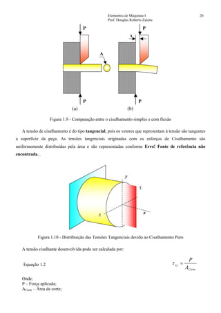 Elementos de Máquinas I 20
Prof. Douglas Roberto Zaions
P
x
P
P
P
(a) (b)
A
Figura 1.9 - Comparação entre o cisalhamento simples e com flexão
A tensão de cisalhamento é do tipo tangencial, pois os vetores que representam à tensão são tangentes
a superfície da peça. As tensões tangenciais originadas com os esforços de Cisalhamento são
uniformemente distribuídas pela área e são representadas conforme Erro! Fonte de referência não
encontrada. .
z
y
x
τ
Figura 1.10 - Distribuição das Tensões Tangenciais devido ao Cisalhamento Puro
A tensão cisalhante desenvolvida pode ser calculada por:
Equação 1.2
Corte
xy
A
P
=τ
Onde:
P – Força aplicada;
ACorte – Área de corte;
 