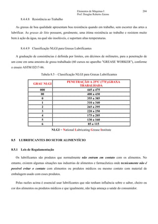 Elementos de Máquinas I 204
Prof. Douglas Roberto Zaions
8.4.4.8 Resistência ao Trabalho
As graxas de boa qualidade apresentam boa resistência quando em trabalho, sem escorrer das artes a
lubrificar. As graxas de lítio possuem, geralmente, uma ótima resistência ao trabalho e resistem muito
bem à ação da água, na qual são insolúveis, e suportam altas temperaturas.
8.4.4.9 Classificação NLGI para Graxas Lubrificantes
A graduação de consistências é definida por limites, em décimos de milímetro, para a penetração de
um cone em uma amostra de graxa trabalhado (60 cursos no aparelho "GREASE WORKER"), conforme
o ensaio ASTM D217-86.
Tabela 8.5 – Classificação NLGI para Graxas Lubrificantes
GRAU NLGI
PENETRAÇÃO A 25ºC (77F),GRAXA
TRABALHADA
000 445 a 475
00 400 a 430
0 355 a 385
1 310 a 340
2 265 a 295
3 220 a 250
4 175 a 205
5 130 a 160
6 85 a 115
NLGI = National Lubricating Grease Institute
8.5 LUBRIFICANTES DO SETOR ALIMENTÍCIO
8.5.1 Leis de Regulamentação
Os lubrificantes são produtos que normalmente não entram em contato com os alimentos. No
entanto, existem algumas situações nas industrias de alimentos e farmacêutica onde tecnicamente não é
possível evitar o contato com alimentos ou produtos médicos ou mesmo contato com material de
embalagem usado com esses produtos.
Pelas razões acima é essencial usar lubrificantes que não tenham influência sobre o sabor, cheiro ou
cor dos alimentos ou produtos médicos e que igualmente, não haja ameaça a saúde do consumidor.
 