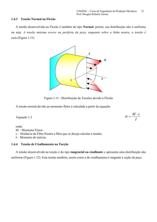 UNOESC – Curso de Engenharia de Produção Mecânica 21
Prof. Douglas Roberto Zaions
1.4.3 Tensão Normal na Flexão
A tensão desenvolvida na Flexão é também do tipo Normal, porém, sua distribuição não é uniforme
ou seja: A tensão máxima ocorre na periferia da peça, enquanto sobre a linha neutra, a tensão é
nula.(Figura 1.11)
z
y
x
σ
Figura 1.11 - Distribuição de Tensões devido a Flexão
A tensão normal devido ao momento fletor é calculada a partir da equação:
Equação 1.3
I
cM ⋅
=σ
onde:
M – Momento Fletor;
c – Distância da Fibra Neutra a fibra que se deseja calcular a tensão;
I – Momento de inércia;
1.4.4 Tensão de Cisalhamento na Torção
A tensão desenvolvida na torção é do tipo tangencial ou cisalhante e apresenta uma distribuição não
uniforme (Figura 1.12). Esta tensão também, assim como a de cisalhamento é tangente á seção da peça.
 
