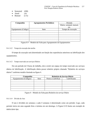 UNOESC – Curso de Engenharia de Produção Mecânica 217
Prof. Douglas Roberto Zaions
• Semestral (6M)
• Anual (A)
• Bianual (2 A)
Companhia Agrupamentos Periódicos Período
Diário, semanal, mensal,
etc.
Equipamento (Código) Item Tempo de execução
Figura 8.9 – Modelo de Ficha para Agrupamento de Equipamentos
8.6.1.4.2 Tempo de execução das tarefas
O tempo de execução será determinado em função das experiências anteriores na lubrificação dos
equipamentos.
8.6.1.4.3 Tempo reservado aos serviços Diários
Em um período de 8 horas de trabalho, deve existir um espaço de tempo reservado aos serviços
diários de lubrificação. A lubrificação diária possui relatório próprio chamado “Relatório de serviços
diários” conforme modelo ilustrado na figura 4.
Companhia Relatório de Serviço Diário
Equipamentos (Códigos) Item Partes a Lubrificar Lubrificante
Figura 4 – Modelo de ficha para Relatório de serviço Diário
8.6.1.4.4 Divisão do Ano
O ano é dividido em semanas e cada 4 semanas é determinado como um período. Logo, cada
período inicia em uma segunda feira e termina em um domingo. A Figura 8.10 ilustra um exemplo de
tabela deste tipo.
 