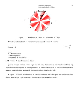 Elementos de Máquinas I 22
Prof. Douglas Roberto Zaions
z
y τ
τ
τ
τ
τ
τ
τ
τ
Figura 1.12 - Distribuição da Tensão de Cisalhamento na Torção
A tensão Cisalhante devido ao momento torçor é calculada a partir da equação:
Equação 1.4
J
rT ⋅
=τ
onde:
T – Momento torçor;
r – Raio de giração;
J – Momento de inércia polar;
1.4.5 Tensão de Cisalhamento na Flexão
Quando a força cortante e uma viga não for zero, desenvolve-se uma tensão cisalhante cuja
intensidade máxima depende da forma geométrica de sua seção transversal. A tensão cisalhante máxima
devido a flexão ocorre em pontos onde a tensão normal devido a flexão é nula.
A Figura 1.13 ilustra a distribuição de tensões cisalhantes na flexão para uma seção transversal
circular. Observe que a máxima tensão cisalhante ocorre no eixo x (linha neutra).
 