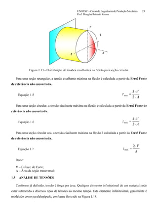 UNOESC – Curso de Engenharia de Produção Mecânica 23
Prof. Douglas Roberto Zaions
z
y
x
τ
Figura 1.13 - Distribuição de tensões cisalhantes na flexão para seção circular.
Para uma seção retangular, a tensão cisalhante máxima na flexão é calculada a partir da Erro! Fonte
de referência não encontrada..
Equação 1.5
A
V
⋅
⋅
=
2
3
maxτ
Para uma seção circular, a tensão cisalhante máxima na flexão é calculada a partir da Erro! Fonte de
referência não encontrada..
Equação 1.6
A
V
⋅
⋅
=
3
4
maxτ
Para uma seção circular oca, a tensão cisalhante máxima na flexão é calculada a partir da Erro! Fonte
de referência não encontrada..
Equação 1.7
A
V⋅
=
2
maxτ
Onde:
V – Esforço de Corte;
A – Área da seção transversal;
1.5 ANÁLISE DE TENSÕES
Conforme já definido, tensão é força por área. Qualquer elemento infinitesimal de um material pode
estar submetido a diversos tipos de tensões ao mesmo tempo. Este elemento infinitesimal, geralmente é
modelado como paralelepípedo, conforme ilustrado na Figura 1.14.
 