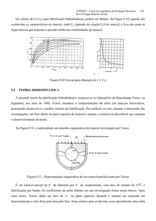 UNOESC – Curso de Engenharia de Produção Mecânica 235
Prof. Douglas Roberto Zaions
Os valores de (1-Ce), para lubrificação hidrodinâmica, podem ser obtidos da Figura 9.10, quando são
conhecidas as características do mancal, onde CL depende da relação L/d do mancal, e leva em conta as
fugas laterais que reduzem a pressão média nas extremidades do mancal.
Figura 9.10 Curvas para obtenção de ( 1- Ce)
9.4 TEORIA HIDRODINÂMICA
A presente teoria da lubrificação hidrodinâmica, originou-se no laboratório da Beauchamp Tower, na
Inglaterra, nos anos de 1880. Tower, estudava o comportamento do atrito em mancais ferroviários,
procurando desenvolver o melhor método de lubrificação. Por acidente ou erro, durante o desenrolar das
investigações, um furo aberto na parte superior do mancal o incitou, e resultou na descoberta que orientou
o desenvolvimento da teoria.
Na Figura 9.11, é apresentado um desenho esquemático do mancal investigado por Tower.
Figura 9.11 - Representação esquemática de um mancal parcial usado por Tower
É um mancal parcial de 4´´ de diâmetro por 6´´ de comprimento, com arco de contato de 1570
, e
lubrificação por banho. Os coeficientes de atrito obtidos em sua investigação foram muito baixos. Após
estes testes, Tower, abriu um furo de ½´´ na parte superior. Quando o mancal era colocado em
funcionamento o óleo fluía para fora pelo furo. Num esforço para evitar isto, usou inicialmente uma rolha
 