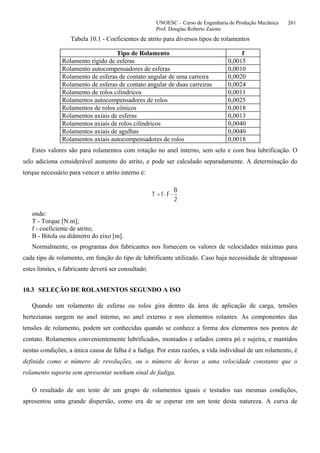 UNOESC – Curso de Engenharia de Produção Mecânica 261
Prof. Douglas Roberto Zaions
Tabela 10.1 - Coeficientes de atrito para diversos tipos de rolamentos
Tipo de Rolamento f
Rolamento rígido de esferas 0,0015
Rolamento autocompensadores de esferas 0,0010
Rolamento de esferas de contato angular de uma carreira 0,0020
Rolamento de esferas de contato angular de duas carreiras 0,0024
Rolamento de rolos cilíndricos 0,0011
Rolamentos autocompensadores de rolos 0,0025
Rolamentos de rolos cônicos 0,0018
Rolamentos axiais de esferas 0,0013
Rolamentos axiais de rolos cilíndricos 0,0040
Rolamentos axiais de agulhas 0,0040
Rolamentos axiais autocompensadores de rolos 0,0018
Estes valores são para rolamentos com rotação no anel interno, sem selo e com boa lubrificação. O
selo adiciona considerável aumento do atrito, e pode ser calculado separadamente. A determinação do
torque necessário para vencer o atrito interno é:
T = f F
B
2
⋅ ⋅
onde:
T - Torque [N.m];
f - coeficiente de atrito;
B - Bitola ou diâmetro do eixo [m].
Normalmente, os programas dos fabricantes nos fornecem os valores de velocidades máximas para
cada tipo de rolamento, em função do tipo de lubrificante utilizado. Caso haja necessidade de ultrapassar
estes limites, o fabricante deverá ser consultado.
10.3 SELEÇÃO DE ROLAMENTOS SEGUNDO A ISO
Quando um rolamento de esferas ou rolos gira dentro da área de aplicação de carga, tensões
hertezianas surgem no anel interno, no anel externo e nos elementos rolantes. As componentes das
tensões de rolamento, podem ser conhecidas quando se conhece a forma dos elementos nos pontos de
contato. Rolamentos convenientemente lubrificados, montados e selados contra pó e sujeira, e mantidos
nestas condições, a única causa de falha é a fadiga. Por estas razões, a vida individual de um rolamento, é
definida como o número de revoluções, ou o número de horas a uma velocidade constante que o
rolamento suporta sem apresentar nenhum sinal de fadiga.
O resultado de um teste de um grupo de rolamentos iguais e testados nas mesmas condições,
apresentou uma grande dispersão, como era de se esperar em um teste desta natureza. A curva de
 