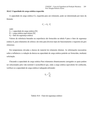 UNOESC – Curso de Engenharia de Produção Mecânica 269
Prof. Douglas Roberto Zaions
10.4.2 Capacidade de carga estática requerida
A capacidade de carga estática Co, requerida para um rolamento, pode ser determinada por meio da
fórmula:
oo PSC ⋅= 0
onde:
Co = capacidade de carga estática [N]
Po = carga estática equivalente [N]
So = fator de segurança estática
Valores de referência baseados na experiência são fornecidos na tabela 9 para o fator de segurança
estático So para rolamentos de esferas e de rolos para diversos tipos de funcionamento e requisitos de giro
silencioso.
Em temperaturas elevadas a dureza do material do rolamento diminui. As informações necessárias
sobre a influência e a redução da dureza na capacidade de carga estática poderão ser fornecidas, mediante
solicitação.
Checando a capacidade de carga estática Para rolamentos dinamicamente carregados os quais podem
ser selecionados pela vida nominal é aconselhável que, onde a carga estática equivalente for conhecida,
verificar se a capacidade de carga estática é adequada utilizando:
0
0
P
C
S o
=
Tabela 10.4 – Fator de segurança estático
 