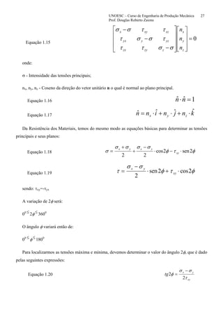 UNOESC – Curso de Engenharia de Produção Mecânica 27
Prof. Douglas Roberto Zaions
Equação 1.15
0=
⎥
⎥
⎥
⎦
⎤
⎢
⎢
⎢
⎣
⎡
⎥
⎥
⎥
⎦
⎤
⎢
⎢
⎢
⎣
⎡
−
−
−
z
y
x
zzyzx
yzyyx
xzxyx
n
n
n
σσττ
τσστ
ττσσ
onde:
σ - Intensidade das tensões principais;
nx, ny, nz - Coseno da direção do vetor unitário n o qual é normal ao plano principal.
Equação 1.16 1ˆˆ =⋅nn
Equação 1.17 knjninn zyx
ˆˆˆˆ ⋅+⋅+⋅=
Da Resistência dos Materiais, temos do mesmo modo as equações básicas para determinar as tensões
principais e seus planos:
Equação 1.18 σ
σ σ σ σ
φ τ φ=
+
+
−
⋅ − ⋅
x y x y
xy
2 2
2 2cos sen
Equação 1.19 τ
σ σ
φ τ φ=
−
⋅ + ⋅x y
xy
2
2 2sen cos
sendo: τxy=-τyx
A variação de 2φ será:
00 ≤2φ≤ 3600
O ângulo φ variará então de:
00 ≤φ≤1800
Para localizarmos as tensões máxima e mínima, devemos determinar o valor do ângulo 2φ, que é dado
pelas seguintes expressões:
Equação 1.20 tg
x y
xy
2
2
φ
σ σ
τ
=
−
 