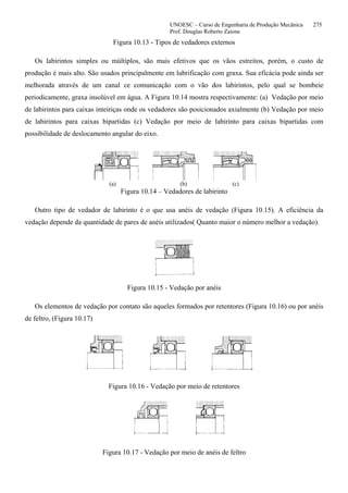 UNOESC – Curso de Engenharia de Produção Mecânica 275
Prof. Douglas Roberto Zaions
Figura 10.13 - Tipos de vedadores externos
Os labirintos simples ou múltiplos, são mais efetivos que os vãos estreitos, porém, o custo de
produção é mais alto. São usados principalmente em lubrificação com graxa. Sua eficácia pode ainda ser
melhorada através de um canal ce comunicação com o vão dos labirintos, pelo qual se bombeie
periodicamente, graxa insolúvel em água. A Figura 10.14 mostra respectivamente: (a) Vedação por meio
de labirintos para caixas inteiriças onde os vedadores são posicionados axialmente (b) Vedação por meio
de labirintos para caixas bipartidas (c) Vedação por meio de labirinto para caixas bipartidas com
possibilidade de deslocamento angular do eixo.
(a) (b) (c)
Figura 10.14 – Vedadores de labirinto
Outro tipo de vedador de labirinto é o que usa anéis de vedação (Figura 10.15). A eficiência da
vedação depende da quantidade de pares de anéis utilizados( Quanto maior o número melhor a vedação).
Figura 10.15 - Vedação por anéis
Os elementos de vedação por contato são aqueles formados por retentores (Figura 10.16) ou por anéis
de feltro, (Figura 10.17)
Figura 10.16 - Vedação por meio de retentores
Figura 10.17 - Vedação por meio de anéis de feltro
 