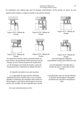 Elementos de Máquinas I 278
Prof. Douglas Roberto Zaions
Os rolamentos com ranhura para anel de retenção esterno(Figura 10.24), podem ser presos de uma
maneira muito simples e compacta, usando-se um anel de retenção.
Figura 10.19 - Método de
fixação
Figura 10.20 - Método de
fixação
Figura 10.21 - Método de
fixação
Figura 10.22 - Método de
fixação
Figura 10.23 - Método de
fixação
Figura 10.24 - Método de
fixação
Os rolamentos com furo cônico, montados direto em
eixos cônicos, são geralmente retidos por uma porca de
fixação no eixo, ou por uma porca de fixação presa
num anel bipartido rosqueado
externamente inserido num rebaixo do eixo
(
.a). Na montagem com bucha de fixação, a porca de
fixação posiciona o rolamento em relação à bucha, e
um anel espaçador é inserido entre o
ressalto do eixo e o outro lado do anel
interno(
.b). Quando são usados eixos sem ressaltos(
.c), a capacidade de carga axial do rolamento
dependerá do atrito existente entre o eixo e a bucha.
Quando os rolamentos são montados sobre buchas de
desmontagem, o anel interno deverá apoiar-se em um
encosto, por exemplo, um anel espaçador que é muitas
vezes projetado como um anel de labirinto.
A bucha de desmontagem é bloqueada
axialmente por uma porca rosqueada ao
eixo(
.d), ou por uma placa presa ao eixo.
 