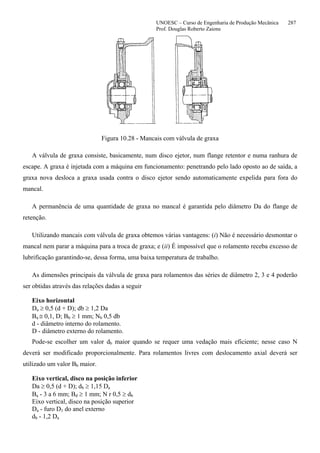 UNOESC – Curso de Engenharia de Produção Mecânica 287
Prof. Douglas Roberto Zaions
Figura 10.28 - Mancais com válvula de graxa
A válvula de graxa consiste, basicamente, num disco ejetor, num flange retentor e numa ranhura de
escape. A graxa é injetada com a máquina em funcionamento: penetrando pelo lado oposto ao de saída, a
graxa nova desloca a graxa usada contra o disco ejetor sendo automaticamente expelida para fora do
mancal.
A permanência de uma quantidade de graxa no mancal é garantida pelo diâmetro Da do flange de
retenção.
Utilizando mancais com válvula de graxa obtemos várias vantagens: (i) Não é necessário desmontar o
mancal nem parar a máquina para a troca de graxa; e (ii) É impossível que o rolamento receba excesso de
lubrificação garantindo-se, dessa forma, uma baixa temperatura de trabalho.
As dimensões principais da válvula de graxa para rolamentos das séries de diâmetro 2, 3 e 4 poderão
ser obtidas através das relações dadas a seguir
Eixo horizontal
Da ≥ 0,5 (d + D); db ≥ 1,2 Da
Ba ≅ 0,1, D; Bb ≥ 1 mm; Nb 0,5 db
d - diâmetro interno do rolamento.
D - diâmetro externo do rolamento.
Pode-se escolher um valor db maior quando se requer uma vedação mais eficiente; nesse caso N
deverá ser modificado proporcionalmente. Para rolamentos livres com deslocamento axial deverá ser
utilizado um valor Bb maior.
Eixo vertical, disco na posição inferior
Da ≥ 0,5 (d + D); db ≥ 1,15 Da
Ba - 3 a 6 mm; Bd ≥ 1 mm; N r 0,5 ≥ db
Eixo vertical, disco na posição superior
Da - furo D1 do anel externo
db - 1,2 Da
 