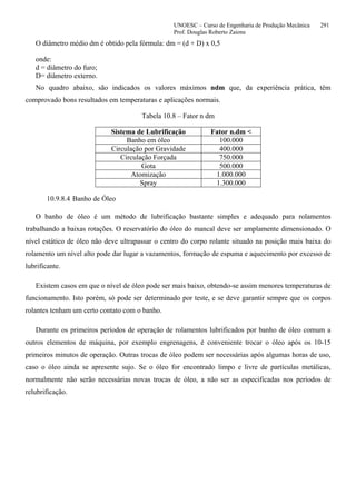 UNOESC – Curso de Engenharia de Produção Mecânica 291
Prof. Douglas Roberto Zaions
O diâmetro médio dm é obtido pela fórmula: dm = (d + D) x 0,5
onde:
d = diâmetro do furo;
D= diâmetro externo.
No quadro abaixo, são indicados os valores máximos ndm que, da experiência prática, têm
comprovado bons resultados em temperaturas e aplicações normais.
Tabela 10.8 – Fator n dm
Sistema de Lubrificação Fator n.dm <
Banho em óleo 100.000
Circulação por Gravidade 400.000
Circulação Forçada 750.000
Gota 500.000
Atomização 1.000.000
Spray 1.300.000
10.9.8.4 Banho de Óleo
O banho de óleo é um método de lubrificação bastante simples e adequado para rolamentos
trabalhando a baixas rotações. O reservatório do óleo do mancal deve ser amplamente dimensionado. O
nível estático de óleo não deve ultrapassar o centro do corpo rolante situado na posição mais baixa do
rolamento um nível alto pode dar lugar a vazamentos, formação de espuma e aquecimento por excesso de
lubrificante.
Existem casos em que o nível de óleo pode ser mais baixo, obtendo-se assim menores temperaturas de
funcionamento. Isto porém, só pode ser determinado por teste, e se deve garantir sempre que os corpos
rolantes tenham um certo contato com o banho.
Durante os primeiros períodos de operação de rolamentos lubrificados por banho de óleo comum a
outros elementos de máquina, por exemplo engrenagens, é conveniente trocar o óleo após os 10-15
primeiros minutos de operação. Outras trocas de óleo podem ser necessárias após algumas horas de uso,
caso o óleo ainda se apresente sujo. Se o óleo for encontrado limpo e livre de partículas metálicas,
normalmente não serão necessárias novas trocas de óleo, a não ser as especificadas nos períodos de
relubrificação.
 