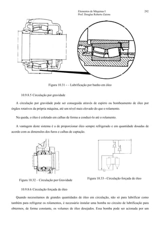 Elementos de Máquinas I 292
Prof. Douglas Roberto Zaions
Figura 10.31 - – Lubrificação por banho em óleo
10.9.8.5 Circulação por gravidade
A circulação por gravidade pode ser conseguida através de espirro ou bombeamento de óleo por
órgãos rotativos da própria máquina, até um nível mais elevado do que o rolamento.
Na queda, o óleo é coletado em calhas de forma a conduzi-lo até o rolamento.
A vantagem deste sistema é a de proporcionar óleo sempre refrigerado e em quantidade dosadas de
acordo com as dimensões dos furos e calhas de captação.
Figura 10.32 – Circulação por Gravidade
Figura 10.33 - Circulação forçada de óleo
10.9.8.6 Circulação forçada de óleo
Quando necessitamos de grandes quantidades de óleo em circulação, não só para lubrificar como
também para refrigerar os rolamentos, é necessário instalar uma bomba no circuito de lubrificação para
obtermos, de forma constante, os volumes de óleo desejados. Essa bomba pode ser acionada por um
 