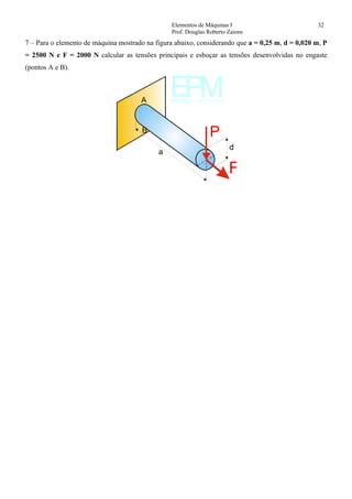 Elementos de Máquinas I 32
Prof. Douglas Roberto Zaions
7 – Para o elemento de máquina mostrado na figura abaixo, considerando que a = 0,25 m, d = 0,020 m, P
= 2500 N e F = 2000 N calcular as tensões principais e esboçar as tensões desenvolvidas no engaste
(pontos A e B).
EPMUNOESC - Joaçaba
a
d
P
A
B
F
 
