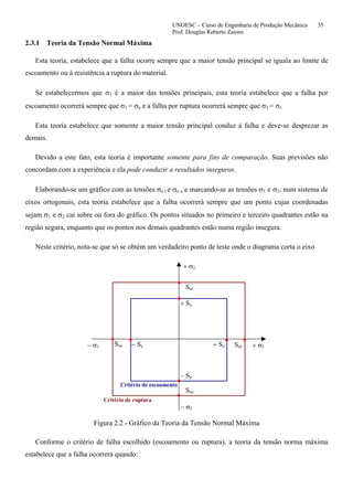 UNOESC – Curso de Engenharia de Produção Mecânica 35
Prof. Douglas Roberto Zaions
2.3.1 Teoria da Tensão Normal Máxima
Esta teoria, estabelece que a falha ocorre sempre que a maior tensão principal se iguala ao limite de
escoamento ou à resistência a ruptura do material.
Se estabelecermos que σ1 é a maior das tensões principais, esta teoria estabelece que a falha por
escoamento ocorrerá sempre que σ1 = σe e a falha por ruptura ocorrerá sempre que σ1 = σr.
Esta teoria estabelece que somente a maior tensão principal conduz à falha e deve-se desprezar as
demais.
Devido a este fato, esta teoria é importante somente para fins de comparação. Suas previsões não
concordam com a experiência e ela pode conduzir a resultados inseguros.
Elaborando-se um gráfico com as tensões σe t e σe c e marcando-se as tensões σ1 e σ2, num sistema de
eixos ortogonais, esta teoria estabelece que a falha ocorrerá sempre que um ponto cujas coordenadas
sejam σ1 e σ2 cai sobre ou fora do gráfico. Os pontos situados no primeiro e terceiro quadrantes estão na
região segura, enquanto que os pontos nos demais quadrantes estão numa região insegura.
Neste critério, nota-se que só se obtém um verdadeiro ponto de teste onde o diagrama corta o eixo
+ σ1− σ1
− σ2
+ σ2
+ Sy
+ Sy− Sy
− Sy
Sut
Sut
Suc
Suc
Critério de escoamento
Critério de ruptura
Figura 2.2 - Gráfico da Teoria da Tensão Normal Máxima
Conforme o critério de falha escolhido (escoamento ou ruptura), a teoria da tensão norma máxima
estabelece que a falha ocorrerá quando:
 