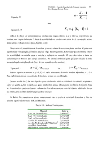UNOESC – Curso de Engenharia de Produção Mecânica 77
Prof. Douglas Roberto Zaions
Equação 3.9 1
1
−
−
=
t
f
K
K
q
Ou
Equação 3.10 ( ) 11 +−⋅= tf KqK
onde Kt é o fator de concentração de tensões para cargas estáticas e Kf o fator de concentração de
tensões para cargas dinâmicas. O fator de sensibilidade ao entalhe varia entre 0 e 1. A equação acima,
pode ser resolvida em termos de Kf, ficando como:
Observação: O procedimento é determinar primeiro o fator de concentração de tensões Kt para uma
determinada configuração geométrica da peça e tipo de carregamento. Estabelecer posteriormente o fator
de sensibilidade ao entalhe para o material e aplica-lo na equação 12 para determinar o fator de
concentração de tensões para cargas dinâmicas. As tensões dinâmicas para qualquer situação é então
aumentada pela multiplicação do fator Kf com a devida tensão nominal:
Equação 3.11 alNofK minσσ ⋅= ou alNofsK minττ ⋅=
Note na equação acima que se q = 0, Kf = 1 e não há aumento da tensão nominal. Quando q = 1, Kf =
Kt e o efeito máximo da concentração de tensões é levado em consideração.
Quando o valor de Kf for zero significa que o entalhe não influi na resistência do material, e quando o
valor for igual a Kt, tem o significado que o entalhe tem grande influência na resistência do mesmo. Pode
ser determinado experimentalmente, embora não dependa somente do material, tipo de solicitação, forma
do entalhe, mas também da fabricação desde a fundição.
Na Tabela 3.6, encontram-se alguns valores usuais para q, porém, é preferível, determinar o fator de
entalhe, a partir das fórmulas de Kunn-Hardrath.
Tabela 3.6 - Valores Usuais para q
Material Fator q
SAE 1015 normalizado 0,40 a 0,70
SAE 1035 normalizado 0,50 a 0,85
SAE 1070 normalizado 0,55 a 0,85
Aço Cr. Ni. normalizado 0,65 a 0,75
Aço Cr. Ni. Beneficiado 90Kgf/mm
2
0,80 a 0,95
Aço Mola Beneficiado 0,95 a 1,00
Metais leves Forjados ou laminados 0,40 a 0,80
 