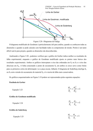 UNOESC – Curso de Engenharia de Produção Mecânica 83
Prof. Douglas Roberto Zaions
SS σ
σ
S
S
para
uty
a
m
y
f
Linha de Gerber
Linha de Soderberg
Linha de Goodman, modificada
A
B
CD
Figura 3.20 - Diagramas de Fadiga
O diagrama modificado de Goodman é particularmente útil para análise, quando se conhecem todas as
dimensões e quando se pode calcular com facilidade todos os componentes de tensão. Porém é um tanto
difícil usá-lo para projeto, quando as dimensões são desconhecidas.
Analisando a Figura 3.20 , podemos verificar que o gráfico de Gerber indica melhor os resultados da
falha experimental, enquanto o gráfico de Goodman modificado ajusta os pontos mais baixos dos
resultados experimentais. Ambos os gráficos interceptam o eixo das ordenadas em Se ou Sf e o eixo das
abscissas em Sut. A linha conectando o ponto de escoamento Sy em ambos os eixos serve como limite
para os primeiros ciclos de deformação ( se a peça escoar, falhará). O diagrama de Soderberg interliga Se
ou Sf com a tensão de escoamento do material Sy e é a teoria da falha mais conservadora.
Os gráficos esquematizados na Figura 3.19 podem ser representados pelas seguintes equações:
Parábola de Gerber
Equação 3.23 12
2
=+
ut
m
e
a
SS
σσ
Gráfico de Goodman modificado
Equação 3.24 1=+
ut
m
e
a
SS
σσ
Gráfico de Soderberg
Equação 3.25 1=+
y
m
e
a
SS
σσ
 