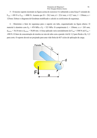 Elementos de Máquinas I 94
Prof. Douglas Roberto Zaions
5 – O mesmo suporte mostrado na figura acima do exercício 4 é submetido a uma força F variando de:
Fmin = 450 N a Fmax = 4900 N. Assuma que D = 28,5 mm; d = 25,4 mm; r=12,7 mm; l = 150mm; a =
125mm. Esboce o diagrama de Goodman modificado e calcule os coeficientes de segurança.
6 – Determine o fator de segurança para o suporte em tubo, esquematizado na figura abaixo. O
material é alumínio com Sut = 470 MPa e Sy = 323 MPa. O comprimento L = 150mm; e a = 203 mm;
dinterno = 38,10 mm e dexterno = 50,80 mm. A força aplicada varia senoidalmente de Fmax= 1500 N até Fmin =
-890 N. O fator de concentração de tensões no raio do tubo com a parede é de K=1,5 para flexão e Ks=1,3
para corte. O suporte deverá ser projetado para uma vida finita de 6E7 ciclos de aplicação de carga.
L
a
d
F
Parede
 