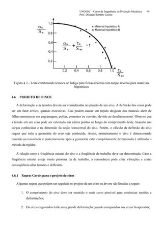 UNOESC – Curso de Engenharia de Produção Mecânica 99
Prof. Douglas Roberto Zaions
e
e
es
es
τ
τ
σ
σ
Material hipotético A
Material hipotético B
a
a
a
a
0,2
0,2
0,4
0,4
0,6
0,6
0,8
0,8
1,0
1,0
+ =1
Figura 4.2 - Teste combinando tensões de fadiga para flexão reversa com torção reversa para materiais
hipotéticos
4.6 PROJETO DE EIXOS
A deformação e as tensões devem ser consideradas no projeto de um eixo. A deflexão dos eixos pode
ser um fator crítico, quando excessivas. Elas podem causar um rápido desgaste dos mancais além de
falhas prematuras em engrenagens, polias, correntes ou correias, devido ao desalinhamento. Observe que
a tensão em um eixo pode ser calculada em vários pontos ao longo do comprimento deste, baseado nas
cargas conhecidas e na dimensão da seção transversal do eixo. Porém, o cálculo da deflexão do eixo
requer que toda a geometria do eixo seja conhecida. Assim, primeiramente o eixo é dimensionado
baseado na resistência e posteriormente após a geometria estar completamente determinada é utilizado o
método da rigidez.
A relação entre a freqüência natural do eixo e a freqüência de trabalho deve ser determinada. Caso a
freqüência natural esteja muito próxima da de trabalho, a ressonância pode criar vibrações e como
conseqüência altas tensões e deflexões.
4.6.1 Regras Gerais para o projeto de eixos
Algumas regras que podem ser seguidas no projeto de um eixo ou árvore são listadas a seguir:
1. O comprimento do eixo deve ser mantido o mais curto possível para minimizar tensões e
deformações;
2. Os eixos engastados terão uma grande deformação quando comparados aos eixos bi-apoiados;
 