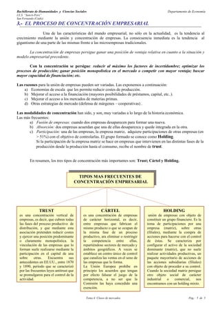 Bachillerato de Humanidades y Ciencias Sociales                                                      Departamento de Economía
I.E.S. “Sancti-Petri”
San Fernando (Cádiz)
3.- EL PROCESO DE CONCENTRACIÓN EMPRESARIAL
               Una de las características del mundo empresarial, no sólo en la actualidad, es la tendencia al
crecimiento mediante la unión y concentración de empresas. La consecuencia inmediata es la tendencia al
gigantismo de una parte de las mismas frente a las microempresas tradicionales.

       La concentración de empresas persigue ganar una posición de ventaja relativa en cuanto a la situación y
modelo empresarial precedente.

       Con la concentración se persigue: reducir al máximo los factores de incertidumbre; optimizar los
procesos de producción; ganar posición monopolística en el mercado o competir con mayor ventaja; buscar
mayor capacidad de financiación; etc.

Las razones para la unión de empresas pueden ser variadas. Las exponemos a continuación:
    a) Economías de escala que les permite reducir costes de producción.
    b) Mejorar el acceso a la financiación (mayores posibilidades de préstamos, capital, etc..).
    c) Mejorar el acceso a los mercados de materias primas.
    d) Otras estrategias de mercado (defensa de márgenes – cooperativas) .

Las modalidades de concentración han sido, y son, muy variadas a lo largo de la historia económica.
Las más frecuentes:
       a) Fusión de empresas: cuando dos empresas desaparecen para formar una nueva.
       b) Absorción: dos empresas acuerdan que una de ellas desaparezca y quede integrada en la otra.
       c) Participación: una de las empresas, la empresa matriz, adquiere participaciones de otras empresas (en
           > 51%) con el objetivo de controlarlas. El grupo formado se conoce como Holding.
           Si la participación de la empresa matriz se hace en empresas que intervienen en las distintas fases de la
           producción desde la producción hasta el consumo, recibe el nombre de trust.


          En resumen, los tres tipos de concentración más importantes son: Trust; Cártel y Holding.


                                             TIPOS MAS FRECUENTES DE
                                           CONCENTRACIÓN EMPRESARIAL




                 TRUST                                    CÁRTEL                                  HOLDING
  es una concentración vertical de            es una concentración de empresas          unión de empresas con objeto de
  empresas, es decir, que cubren todas        de carácter horizontal, es decir,        constituir un grupo financiero. Es la
  las fases del proceso productivo de         entre empresas que fabrican el           toma de participaciones por una
  distribución, y que mediante esta           mismo producto o que se ocupan de        empresa (matriz), sobre otras
  asociación pretenden reducir costes         la misma fase de un proceso              (filiales), mediante la compra de
  y ejercer una posición predominante         productivo, ara eliminar o restringir    acciones para hacerse con el control
  o claramente monopolística. la              la    competencia     entre     ellas,   de éstas. Se caracteriza por
  vinculación de las empresas que lo          repartiéndose sectores de mercado y      configurar el activo de la sociedad
  forman suele realizarse mediante la         ámbitos geográficos. A veces se          dominante (matriz), que no suele
  participación en el capital de una          establece un centro único de control     realizar actividades productivas, un
  sobre     otras.    Encuentra      sus      que canaliza las ventas en el seno de    paquete mayoritario de acciones de
  antecedentes en EE.UU., entre 1870          las empresas que lo forma.               las acciones subsidiarias (filiales)
  y 1890, período que se caracterizó          La Unión Europea prohíbe en              con objeto de proceder a su control.
  por las frecuentes leyes antitrust que      principio los acuerdos que tengan        Cuando la sociedad matriz persigue
  se promulgaron para el control de la        por efecto falsear el juego de la        otro objeto social de carácter
  actividad.                                  competencia, a no ser que la             industrial    o    comercial,    nos
                                              Comisión las haya concedido una          encontramos con un holding mixto.
                                              exención.

                                               Tema 4: Clases de mercados                                          Pág.: 5 de 5
 