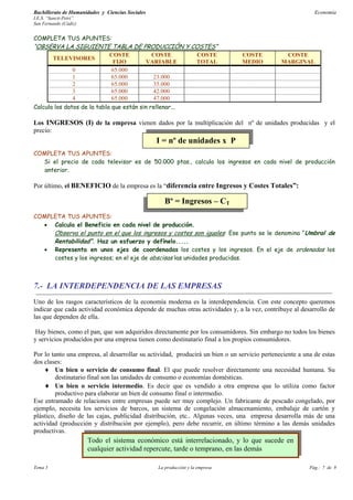 Bachillerato de Humanidades y Ciencias Sociales                                                            Economía
I.E.S. “Sancti-Petri”
San Fernando (Cádiz)


COMPLETA TUS APUNTES:
“OBSERVA LA SIGUIENTE TABLA DE PRODUCCIÓN Y COSTES”
                             COSTE           COSTE                  COSTE      COSTE           COSTE
         TELEVISORES
                              FIJO        VARIABLE                  TOTAL      MEDIO          MARGINAL
               0              65.000
               1              65.000         23.000
               2              65.000         35.000
               3              65.000         42.000
               4              65.000         47.000
Calcula los datos de la tabla que están sin rellenar...

Los INGRESOS (I) de la empresa vienen dados por la multiplicación del nº de unidades producidas y el
precio:
                                                  I = nº de unidades x P
COMPLETA TUS APUNTES:
  Si el precio de cada televisor es de 50.000 ptas., calcula los ingresos en cada nivel de producción
   anterior.

Por último, el BENEFICIO de la empresa es la “diferencia entre Ingresos y Costes Totales”:

                                                     Bº = Ingresos – CT
COMPLETA TUS APUNTES:
  • Calcula el Beneficio en cada nivel de producción.
          Observa el punto en el que los ingresos y costes son iguales: Ese punto se le denomina “Umbral de
          Rentabilidad”. Haz un esfuerzo y defínelo.....
     •    Representa en unos ejes de coordenadas los costes y los ingresos. En el eje de ordenadas los
          costes y los ingresos; en el eje de abscisas las unidades producidas.



7.- LA INTERDEPENDENCIA DE LAS EMPRESAS
Uno de los rasgos característicos de la economía moderna es la interdependencia. Con este concepto queremos
indicar que cada actividad económica depende de muchas otras actividades y, a la vez, contribuye al desarrollo de
las que dependen de ella.

 Hay bienes, como el pan, que son adquiridos directamente por los consumidores. Sin embargo no todos los bienes
y servicios producidos por una empresa tienen como destinatario final a los propios consumidores.

Por lo tanto una empresa, al desarrollar su actividad, producirá un bien o un servicio perteneciente a una de estas
dos clases:
    ♦ Un bien o servicio de consumo final. El que puede resolver directamente una necesidad humana. Su
         destinatario final son las unidades de consumo o economías domésticas.
    ♦ Un bien o servicio intermedio. Es decir que es vendido a otra empresa que lo utiliza como factor
         productivo para elaborar un bien de consumo final o intermedio.
Ese entramado de relaciones entre empresas puede ser muy complejo. Un fabricante de pescado congelado, por
ejemplo, necesita los servicios de barcos, un sistema de congelación almacenamiento, embalaje de cartón y
plástico, diseño de las cajas, publicidad distribución, etc.. Algunas veces, una empresa desarrolla más de una
actividad (producción y distribución por ejemplo), pero debe recurrir, en último término a las demás unidades
productivas.
                        Todo el sistema económico está interrelacionado, y lo que sucede en
                        cualquier actividad repercute, tarde o temprano, en las demás

Tema 5                                            La producción y la empresa                             Pág.: 7 de 9
 