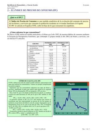 Bachillerato de Humanidades y Ciencias Sociales                                                        Economía
I.E.S. “Sancti-Petri”
San Fernando
2.- EL ÍNDICE DE PRECIOS DE CONSUMO (IPC)


    ¿Qué es el IPC?
   El Índice de Precios de Consumo es una medida estadística de la evolución del conjunto de precios
   de los bienes y servicios que consume la población residente en viviendas familiares en España.
   El IPC lo calcula en España el INE, sobre la base de lo que consumen los españoles.


    ¿Cómo sabemos lo que consumimos?
De nuevo el INE realiza un estudio meticuloso, el último en el año 1992, de nuestros hábitos de consumo mediante
la Encuesta de Presupuestos Familiares, que contempla 12 grupos (desde el año 2001) de bienes y servicios, con
un total de 471 artículos.

                                                                 PONDERACIÓN      PONDERACIÓN
                                            GRUPOS
                                                                     1992             2001
                                   1. Alimentación y bebidas         267,76            215,05
                                      no alcohólicas
                                   2. Bebidas alcohólicas y               25,83        32,18
                                      tabaco
                                   3. Vestido y calzado                  114,79       100,38
                                   4. Vivienda                           102,80       114,61
                                   5.Menaje                               64,32        63,57
                                   6. Medicina                            24,74        28,71
                                   7. Transportes                        135,78       157,33
                                   8. Comunicaciones                      14,43        25,37
                                   9. Ocio y Cultura                      67,90        65,23
                                   10. Enseñanza                          12,91        16,87
                                   11. Hoteles, cafés,
                                                                         109,56       113,25
                                       restaurantes
                                   12. Otros                              59,12        67,40
                                                     TOTAL               100          100




                        CÓMO SE CALCULA EL IPC
  El INE, elabora una cesta de compra (cuadro anterior), representativa del
  gasto que realizan los consumidores. Veamos un ejemplo (simplificando
  la cesta de compra).
    Suponemos que los consumidores adquieren tres tipos de bienes y
  servicios, repartiendo el gasto que realiza cada familia de la siguiente
  forma: 30% en alimentación, 20% en transporte y 50% en otros.
    Para el año 92, que se ha fijado la última base de cálculo, se establece
  el precio de cada mercancía en 100, por lo que el IPC también es 100,
  según:
           IPC92 = (0,30 x 100) + (0,20 x 100) + (0,50 x 100) = 100
    Si queremos calcular el IPC en el 97, sólo tenemos que conocer el
  crecimiento que han experimentado los precios de los tres grupos de
  productos en que hemos dividido la cesta de compra. Supongamos que la
  alimentación creció un 5%, por lo que pasa de 100 a 105, el transporte
  un 4%, de 100 a 104, y el capítulo otros un 1%, por lo que pasa a 101.
    El IPC en el 97 será:
          IPC97 = (0,30 x 105) + (0,20 x 104) + (0,50 x 101) = 102,8
    Si queremos calcular la tasa de inflación en 1997, bastará con dividir el
  IPC97 entre el IPC97, restar 1 y multiplicar por 100.
                         [(102/100) – 1] x 100 = 2,8%




                                               Tema 8: La inflación                                   Pág.: 4 de 5
 