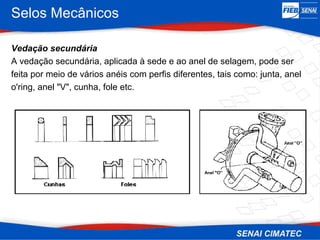 Selos Mecânicos
Vedação secundária
A vedação secundária, aplicada à sede e ao anel de selagem, pode ser
feita por meio de vários anéis com perfis diferentes, tais como: junta, anel
o'ring, anel "V", cunha, fole etc.
 