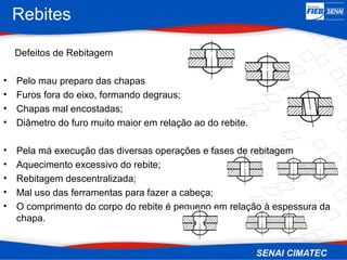 Rebites
Defeitos de Rebitagem
• Pelo mau preparo das chapas
• Furos fora do eixo, formando degraus;
• Chapas mal encostadas;
• Diâmetro do furo muito maior em relação ao do rebite.
• Pela má execução das diversas operações e fases de rebitagem
• Aquecimento excessivo do rebite;
• Rebitagem descentralizada;
• Mal uso das ferramentas para fazer a cabeça;
• O comprimento do corpo do rebite é pequeno em relação à espessura da
chapa.
 