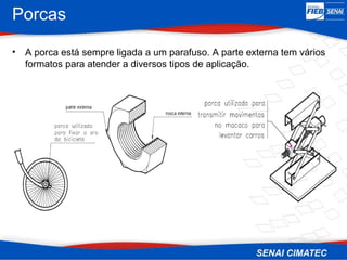 Porcas
• A porca está sempre ligada a um parafuso. A parte externa tem vários
formatos para atender a diversos tipos de aplicação.
 