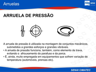 Arruelas
ARRUELA DE PRESSÃO
A arruela de pressão é utilizada na montagem de conjuntos mecânicos,
submetidos a grandes esforços e grandes vibráveis.
• A arruela de pressão funciona, também, como elemento de trava,
evitando o afrouxamento do parafuso e da porca.
• É, ainda, muito empregada em equipamentos que sofrem variação de
temperatura (automóveis, prensas etc).
 