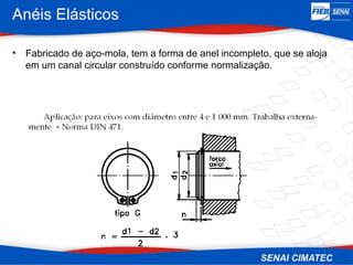 Anéis Elásticos
• Fabricado de aço-mola, tem a forma de anel incompleto, que se aloja
em um canal circular construído conforme normalização.
 